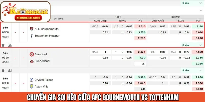 Soi kèo cho trận đấu giữa AFC Bournemouth vs Tottenham